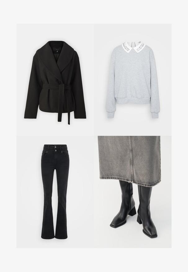 Vero Moda Tall VMANNE BERGEN JACKET - Overgangsjakke - black; Grå sweatshirt med lange ærmer, en rund kant og en hvid krave med et sølvstribet design. Blød stoftekstur.; Sorte flagrende jeans lavet af denim, med høj talje, to knapper og frontlommer. Stoffet har en glat tekstur med let stræk.; Sorte knæhøje støvler i glat læder med firkantet tå og blokeret hæl. Båret med en grå denimnederdel med flosset kant.