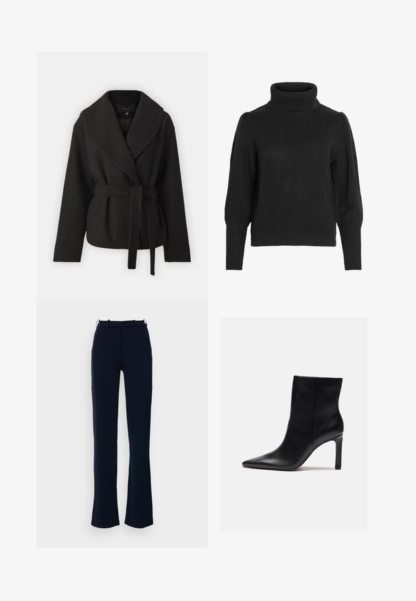 Vero Moda Tall VMANNE BERGEN JACKET - Jas - black; Zwarte gebreide trui met een hoge, ribbelige halslijn. Heeft verlaagde schouders en ribbelige manchetten bij de lange mouwen, textuurstof.; Marineblauwe broek met een rechte pijpdesign, gemaakt van een gladde stof, voorzien van ri loopjes en een ritssluiting aan de voorkant.; Zign Enkellaarsjes met hoge hak - black