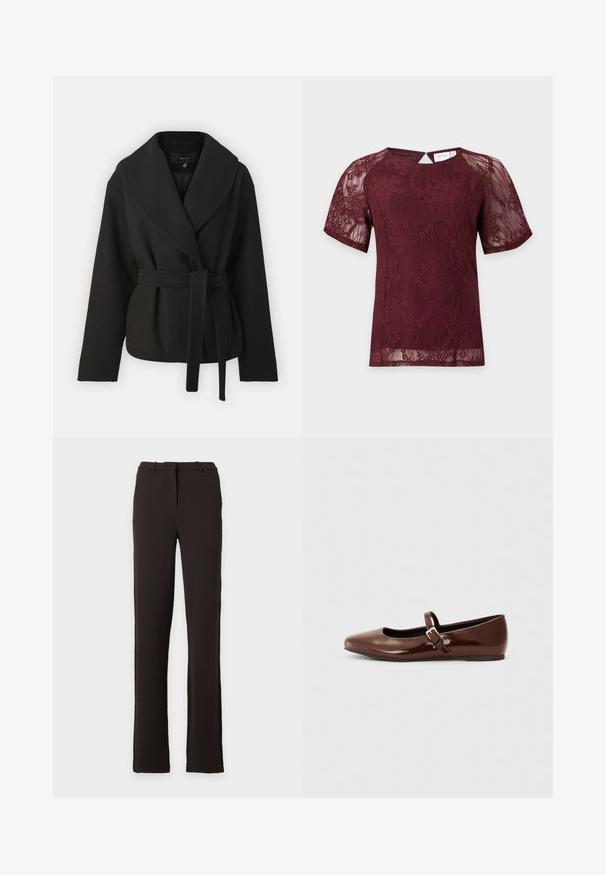 Vero Moda Tall VMANNE BERGEN JACKET - Ľahká bunda - black; Bordová čipkovaná blúzka s krátkym rukávom, kvetinovým vzorom, okrúhlym výstrihom a malým zapínaním na gombík na chrbte.; Čierne nohavice s rovným strihom, pútkami na opasok a predným zipsom, zobrazené na jednoduchom bielom pozadí. Žiadne viditeľné vzory ani ozdoby.; Hnedé lakované baletky s hranatou špičkou a pásikom s malou zlatou prackou. Hladká textúra, nízky podpätok a minimalistický dizajn.