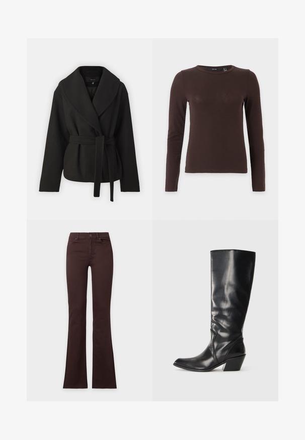 Vero Moda Tall VMANNE BERGEN JACKET - Jas - black; Donkerbruine, lange mouw, aansluitend shirt met ronde hals, plat weergegeven op een effen lichte achtergrond.; Donkerbruine bootcut-jeans met knoop- en ritssluiting, voor- en achterzakken, plat weergegeven op een effen witte achtergrond.; Zwarte leren hoge laars tot de knie met een spitse neus, hoekige hak en een soepele textuur. Heeft een subtiele gestikte accent langs de zijkant.