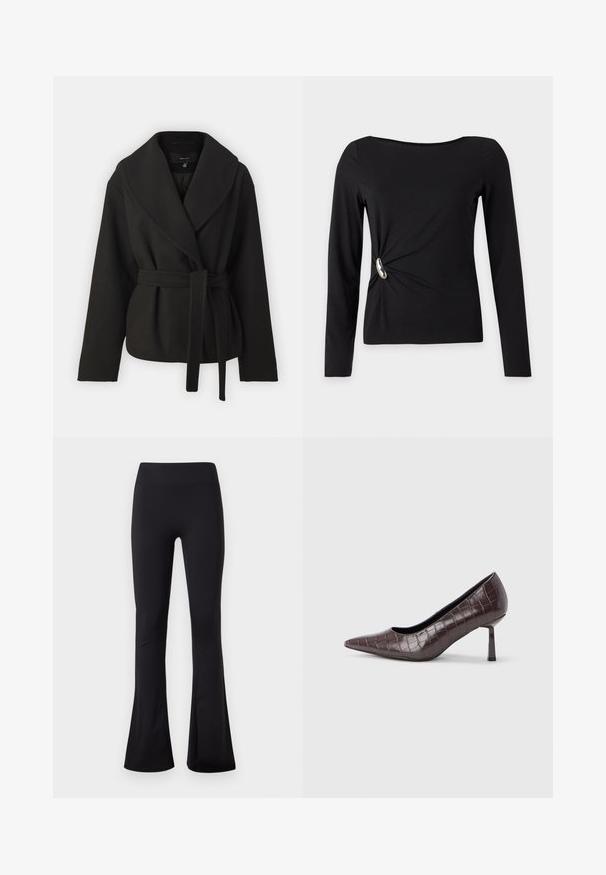 Vero Moda Tall VMANNE BERGEN JACKET - Chaqueta de entretiempo - black; Top negro ajustado de manga larga con escote barco y un detalle de torsión lateral asegurado con un adorno plateado en forma ovalada.; Mallas negras de talle alto con diseño de pierna acampanada, hechas de un tejido liso y elástico, mostradas sobre un fondo blanco liso.; Tacones puntiagudos de cuero sintético marrón con textura de cocodrilo, con un tacón delgado y angular y un forro interior suave.