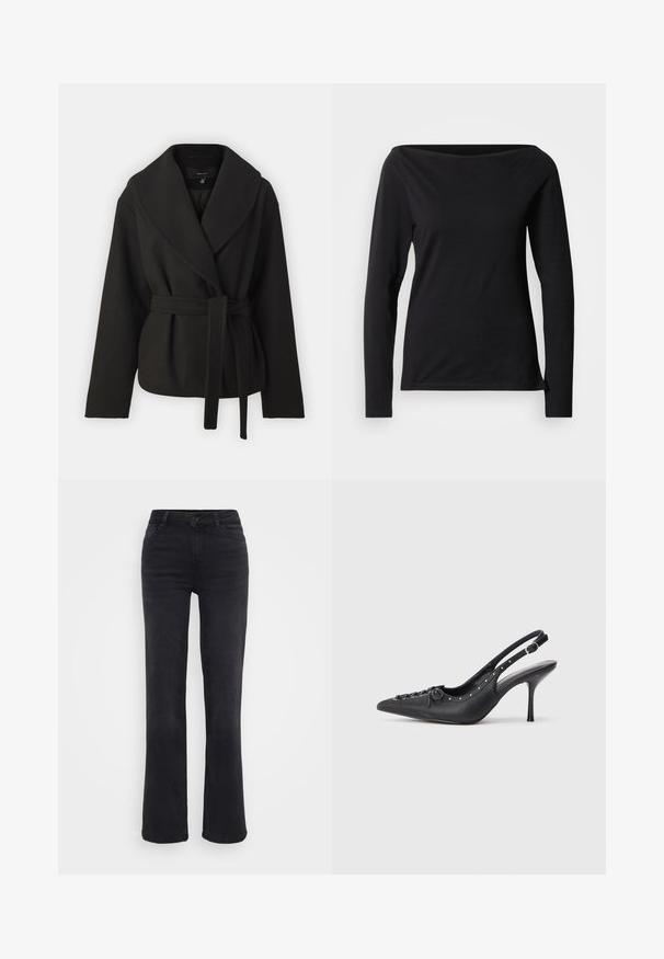 Vero Moda Tall VMANNE BERGEN JACKET - Overgangsjakke - black; Sort langærmet top med en bred bådudskæring, lavet af glat, strækbart stof, med en tætsiddende pasform og minimalistisk design.; Sorte denimbukser med lige ben, der har en frontknaplukning, fem lommer og subtile stikninger.; Sorte læder slingback stiletto med spids tå, side spændebånd, nitter langs kanten og dekorativ snøring foran.