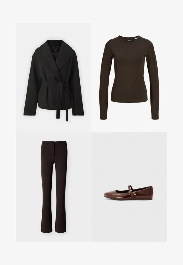 Vero Moda Tall VMANNE BERGEN JACKET - Chaqueta de entretiempo - black; Camiseta de manga larga ajustada de color marrón oscuro con cuello redondo, diseño sencillo y textura de tela suave, mostrada sobre un fondo blanco liso.; Pantalones negros ajustados con ligero vuelo, cremallera frontal y presillas para cinturón, mostrados extendidos sobre un fondo blanco.; Bailarina de charol marrón con punta cuadrada y tira que presenta una pequeña hebilla dorada. Textura suave, tacón bajo y diseño minimalista.