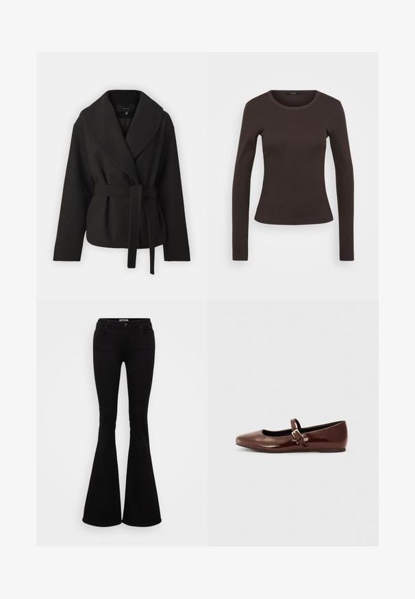 Vero Moda Tall VMANNE BERGEN JACKET - Overgangsjakke - black; Langærmet brun t-shirt lavet af ribbet stof, med en rund halsudskæring og en tætsiddende silhuet.; Sort flare jeans lavet af strækdenim, med en tætsiddende talje, for- og baglommer samt en knaplukning i taljen.; Brun patentlæder balletflade med firkantet tå og strop med en lille guldbuckle. Glat tekstur, lav hæl og minimalistisk design.