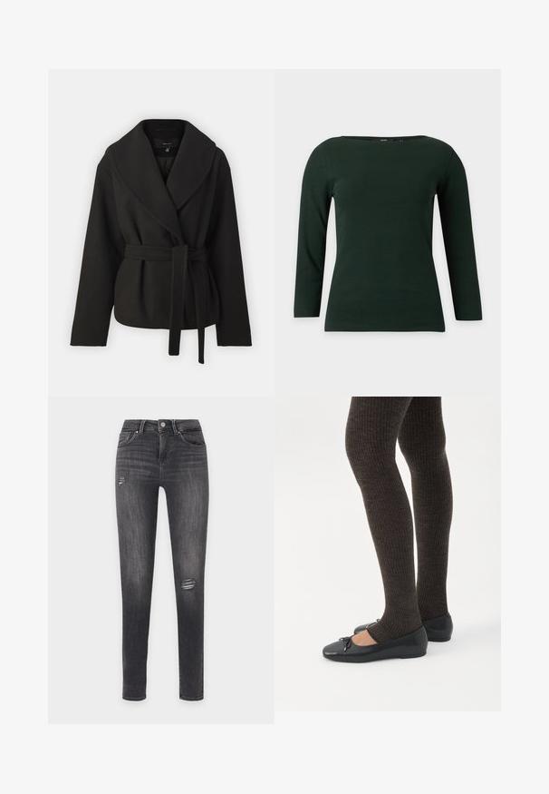 Vero Moda Tall VMANNE BERGEN JACKET - Overgangsjakke - black; Mørkegrøn, langærmet, tætsiddende ribbet top med bådudskæring og uden synlige mønstre eller pynt på en ensfarvet baggrund.; Sorte slim-fit jeans med let falmning og små slidte revner på øverste lår- og knæområder, med forlommer og bæltestropper.; Ben iført mørke ribbede leggings kombineret med sorte balletsko med små sløjfedetaljer på hvid baggrund.