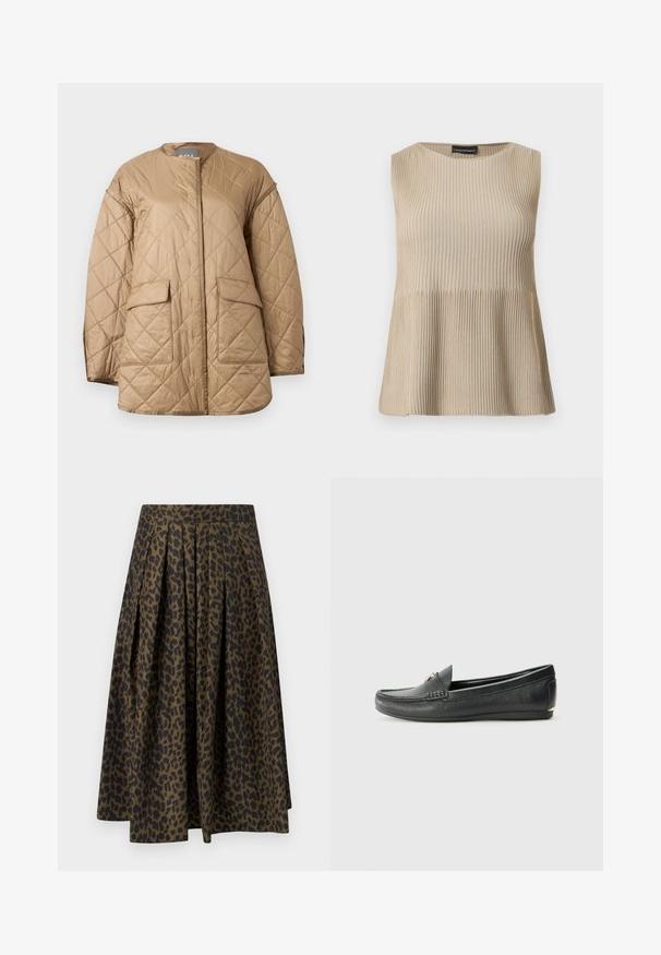 Veste matelassée beige à manches longues, col rond, poches à rabat à l'avant, avec un motif de couture en forme de losange.; Haut beige sans manches en maille côtelée avec encolure ronde et ourlet évasé, présenté sur un fond blanc.; Jupe midi plissée à imprimé léopard vert et noir, avec une taille haute et une silhouette trapèze.; Mocassins en cuir noir avec une finition texturée, bout légèrement arrondi, couture décorative et un accent doré à l'avant.
