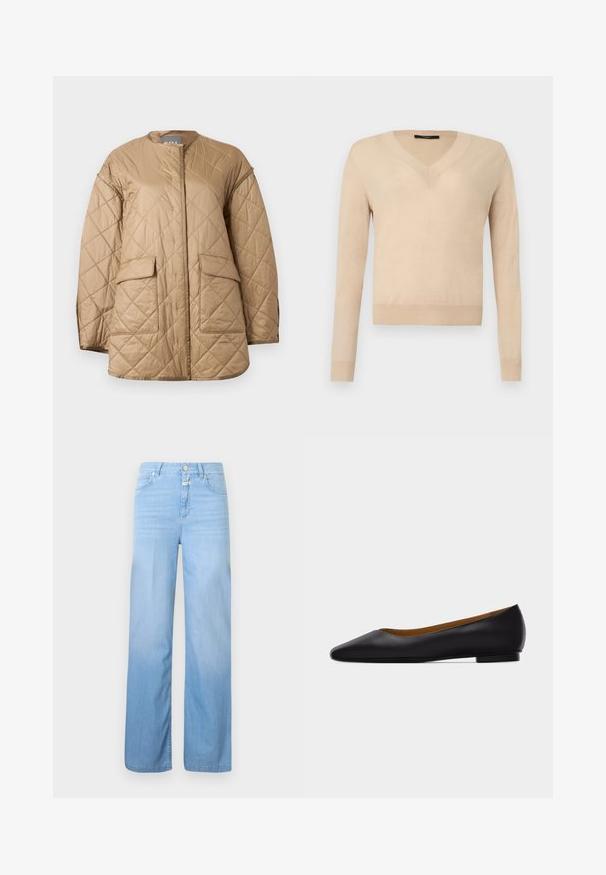 Beige quilted jacket with long sleeves, round neckline, front flap pockets, and diamond-shaped stitching pattern.; Beige long-sleeve V-neck sweater with ribbed cuffs and hem, plain knit fabric, displayed on a white background.; Light blue denim jeans with a straight-leg design, 5-pocket style, button closure, and faded texture towards the bottom.; Black leather pointed-toe flat shoe with low heel and smooth finish, shown from side on a light gray background.