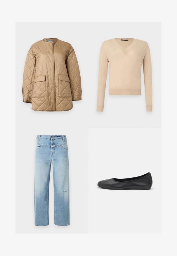Beige quilted jacket with long sleeves, round neckline, front flap pockets, and diamond-shaped stitching pattern.; Beige long-sleeve V-neck sweater with ribbed cuffs and hem, plain knit fabric, displayed on a white background.; Light blue denim jeans with a relaxed fit, featuring a small distressed tear, five pockets, and a button closure at the waist.; Black leather ballet flat with a rounded toe, smooth texture, minimal stitching detail, and a flexible sole design.