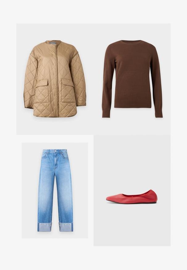 Beige quilted jacket with long sleeves, round neckline, front flap pockets, and diamond-shaped stitching pattern.; Brown crew neck long-sleeve sweater with ribbed cuffs and hem, displayed on a plain light background.; Light blue high-waist straight-leg jeans with rolled cuffs and frayed edges, front button and pockets, against a white background.; Filippa K REY FLATS - Ballet pumps - bright red