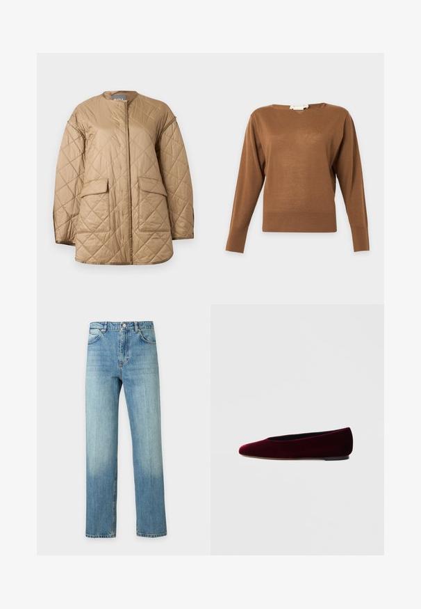 Veste matelassée beige à manches longues, col rond, poches à rabat à l'avant, avec un motif de couture en forme de losange.; Pull marron à manches longues avec col rond, design simple et ajusté, avec poignets et ourlet côtelés, présenté sur un fond neutre.; Jean droit en denim bleu clair avec poches avant, passants de ceinture et fermeture par bouton.; Ballerines en velours bordeaux avec un bout arrondi et un talon bas, présentant une texture lisse et un design élégant.