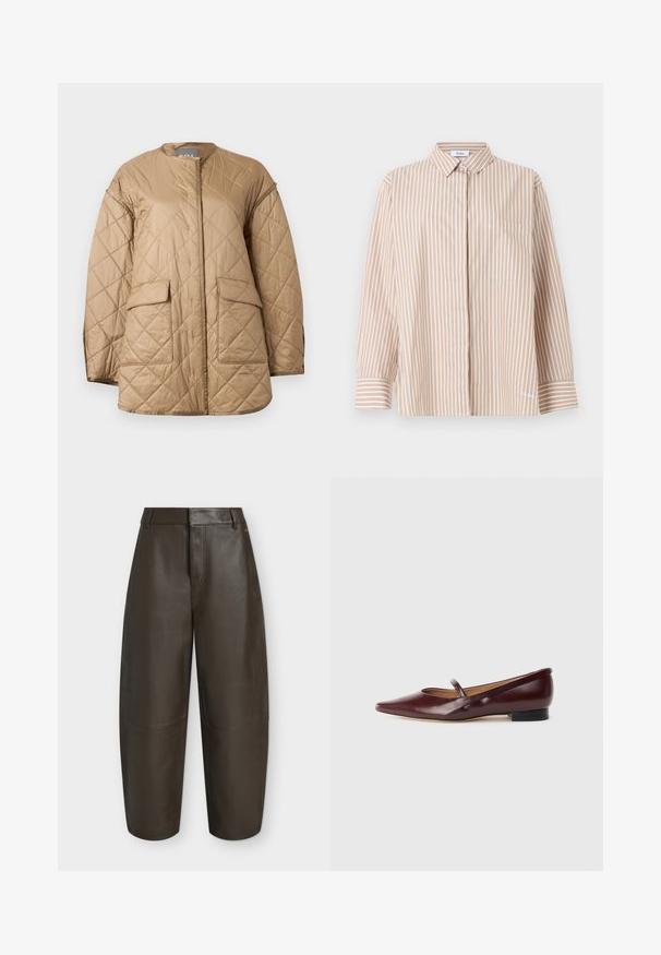 Beige quilted jacket with long sleeves, round neckline, front flap pockets, and diamond-shaped stitching pattern.; Beige and white vertical striped long-sleeve shirt with a collar, a front pocket, buttoned cuffs, and concealed front buttons.; Dark brown wide-leg faux leather pants with high waist, belt loops, and visible stitching details on a white background.; Burgundy patent leather flat shoe with a pointed toe and a decorative strap across the instep. Features a low black heel.