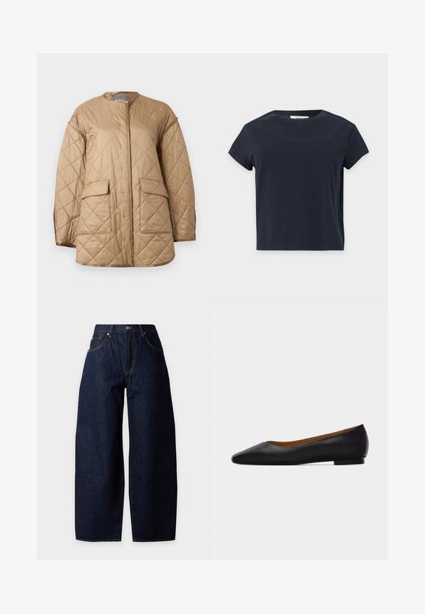 Veste matelassée beige à manches longues, col rond, poches à rabat à l'avant, avec un motif de couture en forme de losange.; T-shirt noir uni à manches courtes et col rond avec un ourlet droit sur un fond gris clair.; Jean en denim bleu foncé à jambes larges avec poches avant, passants de ceinture, bouton et coutures orange visibles sur un fond uni.; Chaussure plate en cuir noir à bout pointu avec talon bas et finition lisse, vue de côté sur un fond gris clair.
