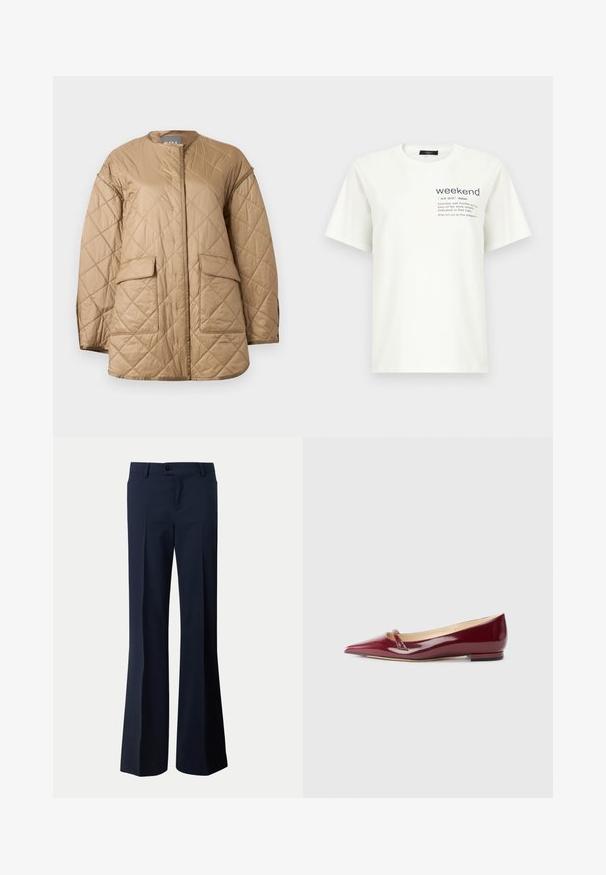 Veste matelassée beige à manches longues, col rond, poches à rabat à l'avant, avec un motif de couture en forme de losange.; T-shirt blanc à manches courtes avec le texte "weekend" et sa définition imprimés sur la partie supérieure gauche de la poitrine.; Pantalon de costume bleu marine avec fermeture par bouton, passants de ceinture et coupe droite à jambes larges.; Ballerines en cuir verni bordeaux avec un bout pointu, présentant un petit détail découpé et un petit talon. Texture lisse et design épuré.