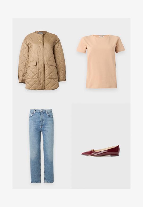 Veste matelassée beige à manches longues, col rond, poches à rabat à l'avant, avec un motif de couture en forme de losange.; T-shirt beige manches courtes avec col rond et ourlet droit sur un fond uni gris clair.; Jean bleu clair taille haute à jambes droites, avec fermeture sur le devant par bouton et zip, poches avant et arrière, et passants de ceinture.; Ballerines en cuir verni bordeaux avec un bout pointu, présentant un petit détail découpé et un petit talon. Texture lisse et design épuré.