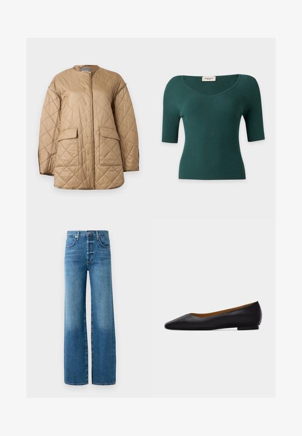 Veste matelassée beige à manches longues, col rond, poches à rabat à l'avant, avec un motif de couture en forme de losange.; Haut en maille côtelée vert foncé à manches courtes, col en V et silhouette ajustée, posé à plat sur un fond neutre.; Jean ample en denim bleu clair. Doté d'un bouton à l'ouverture, de passants de ceinture et de coutures contrastées. Le tissu présente un effet délavé.; Chaussure plate en cuir noir à bout pointu avec talon bas et finition lisse, vue de côté sur un fond gris clair.