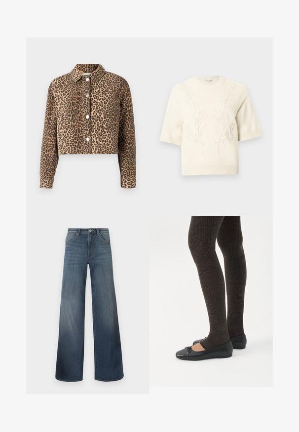 Veste en denim cropped à imprimé léopard, avec un col et des boutons-pression argentés sur le devant.; Pull tricot à manches courtes de couleur crème avec ourlets côtelés et broderie florale subtile en relief sur le devant et les épaules.; Jeans en denim à jambes larges de couleur bleu foncé, avec une finition déchirée, fermeture à bouton et style à cinq poches. Texture lisse, détails de couture minimalistes.; Jambes portant des leggings côtelés foncés associés à des ballerines noires avec de petits détails en nœud sur fond blanc.