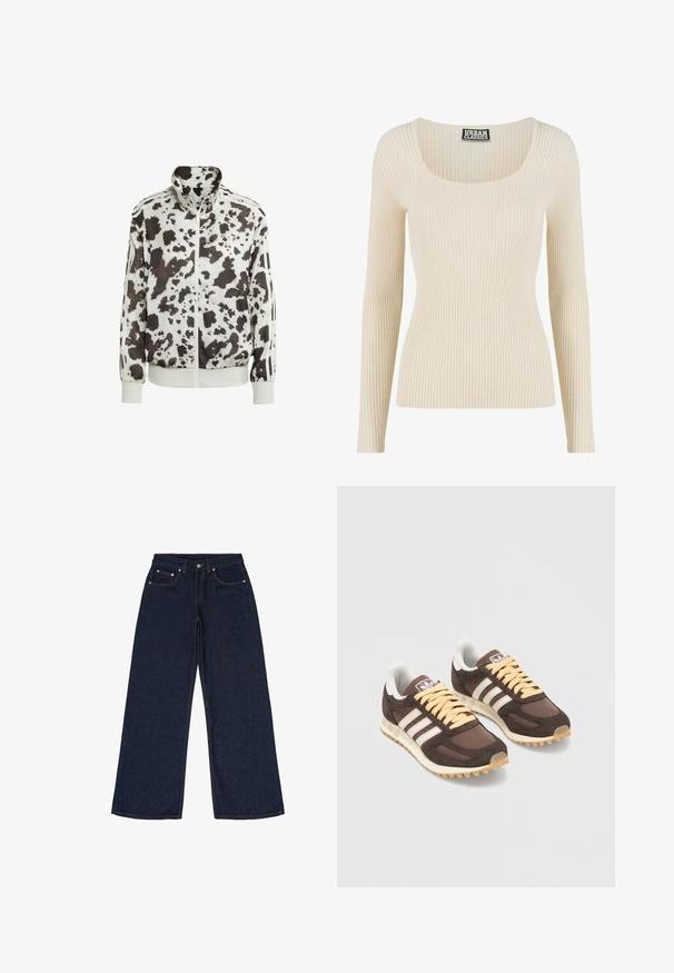 Witte jas met een zwart en bruin koeienprint. Heeft een hoge kraag, rits aan de voorkant en gestreepte accenten op de mouwen. Soepele, lichte stof.; Geribd top met lange mouwen in off-white, voorzien van een brede scoophals en een aansluitend silhouet. Gemaakt van zacht, rekbaar materiaal.; Donkerblauwe wijde spijkerbroek van denim. Kenmerken zijn vijf zakken, riemlussen en contrasterende oranje lijnen. Geen patronen of versieringen.; Een paar bruine Adidas sneakers met witte strepen en beige veters op een witte achtergrond, schuin naar rechts.