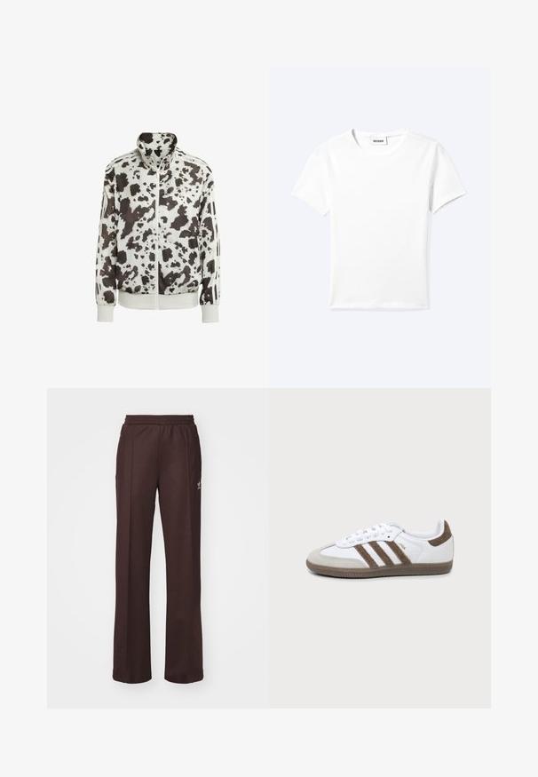 Witte jas met een zwart en bruin koeienprint. Heeft een hoge kraag, rits aan de voorkant en gestreepte accenten op de mouwen. Soepele, lichte stof.; Effen wit T-shirt met korte mouwen en ronde hals met een klein "WEEKDAY" label aan de binnenkant van de hals, plat neergelegd op een lichte achtergrond.; Bruine sportieve broek met een elastische tailleband, twee zijzakken en een klein logo aan de linkerzijde, gemaakt van een zachte stof.; Witte en bruine Adidas Samba sneaker met drie bruine strepen, veters en een textuurs van boven- tot zool, getoond vanaf de zijkant op een effen achtergrond.