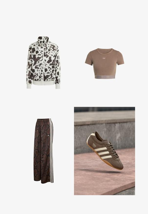 Witte jas met een zwart en bruin koeienprint. Heeft een hoge kraag, rits aan de voorkant en gestreepte accenten op de mouwen. Soepele, lichte stof.; Bruin geribd crop top met korte mouwen, ronde halslijn en een textuurrand aan de onderkant met een subtiel logopatroon.; Brede broek met bruin-zwart slangenhuidpatroon, witte zijstrepen en een elastische tailleband, met een klein Adidas-logo.; Bruine suède sneaker met witte strepen en merklogo's, voorzien van een ronde neus en een zool van tandgumrubber, zwevend boven een getextureerd oppervlak.