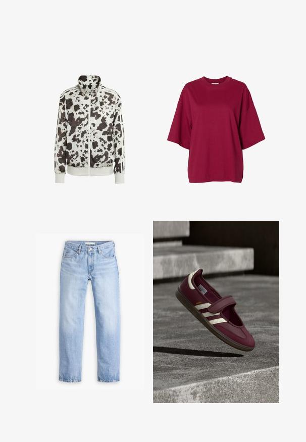 Hvid jakke med sort og brun cow print. Har høj krave, lynlåsfortil og stribede detaljer på ærmerne. Glat, let materiale.; Oversized kortærmet T-shirt i dyb rød med brede ærmer og rund halsudskæring, vist på en hvid baggrund.; Lyseblå denimjeans med en lige ben-design, fem lommer og en mellemhøj talje. Har en falmet struktur og håndsyet kant.; Vinrød sportssko med en rem, hvide sidelister, tekstureret gummisål og et glat øverste materiale. Justerbar pasform med polstret inderside.