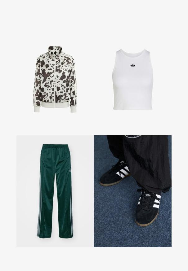 Veste blanche avec un imprimé vache noir et marron. Présente un col haut, une fermeture éclair à l'avant et des accents rayés sur les manches. Matière lisse et légère.; Crop top blanc sans manches avec col rond et petit logo noir Adidas trefoil centré sous le col.; Pantalons de sport vert foncé en matériau brillant, avec des bandes latérales gris clair et un logo brodé sur la jambe gauche.; Des chaussures de sport en suède noir avec trois rayures blanches et des lacets noirs. Un pantalon noir texturé est partiellement visible à côté des chaussures.