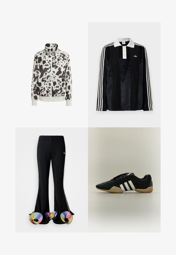 Hvid jakke med sort og brun cow print. Har høj krave, lynlåsfortil og stribede detaljer på ærmerne. Glat, let materiale.; Sort fløjl langærmet polo shirt med en hvid ribbestrikket krave, tre knapper, struktureret front og tre hvide striber på hver ærme.; Sorte træningsbukser med en bred flared design. Har farverige, flæset nederste kanter og hvide sidelister. Lavet af strækstof.; Sort atletiksko med hvide striber og beige tekstureret sål på en neutral baggrund, vist i sideprofil.