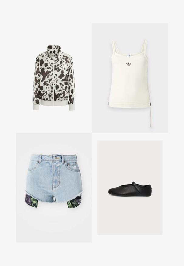 Hvid jakke med sort og brun cow print. Har høj krave, lynlåsfortil og stribede detaljer på ærmerne. Glat, let materiale.; Cremefarvet tanktop med tynde stropper; Adidas-logo i sort på brystet. Glat stof med en snorejustering ved kanten. Enkel design.; Denimshorts i lyseblå farve med en frynset kant og farverigt mønstret stof på siderne, der viser urbane billeder og teksturer.; Sort læder Mary Jane flad sko med rem og små perforerede detaljer på siden, vist fra ydersiden på en hvid baggrund.