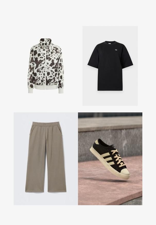 Hvid jakke med sort og brun cow print. Har høj krave, lynlåsfortil og stribede detaljer på ærmerne. Glat, let materiale.; Sort T-shirt med korte ærmer og rund halsudskæring med lille hvid Adidas Trefoil-logo på venstre bryst, vist på en ensartet lys baggrund.; Taupe vide benbukser med elastisk talje og sidelommer, liggende fladt på en lys baggrund.; Sort og beige Adidas sneaker med tre striber og snørebånd, ophængt over en stenoverflade med en sløret grå baggrund.