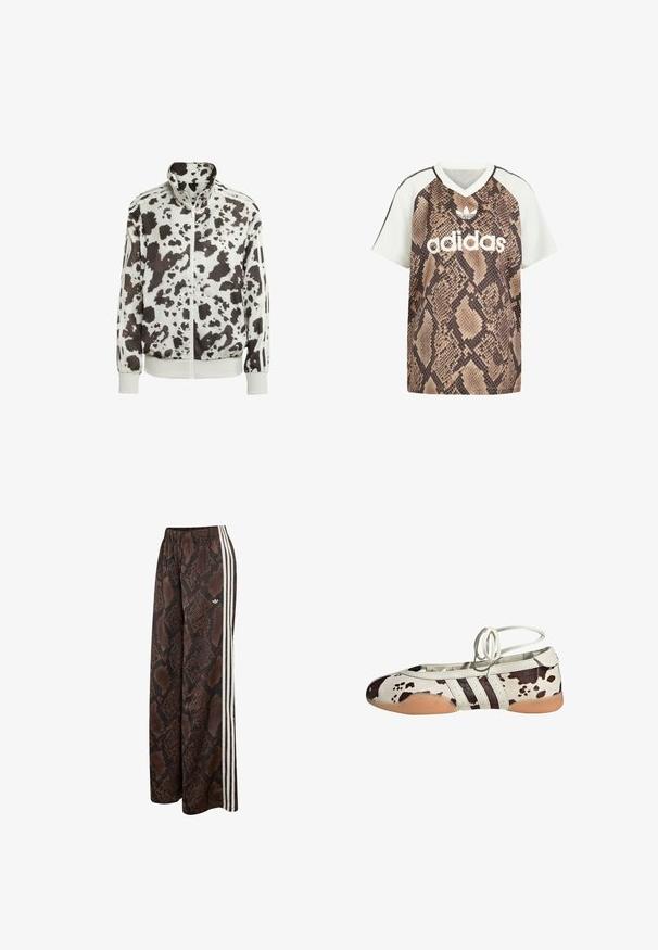 Witte jas met een zwart en bruin koeienprint. Heeft een hoge kraag, rits aan de voorkant en gestreepte accenten op de mouwen. Soepele, lichte stof.; Adidas T-shirt met korte mouwen en V-hals, met witte mouwen en een bruin slangenprint op het lichaam, met wit Adidas-logo en trefoil-embleem aan de voorkant.; Brede broek met bruin-zwart slangenhuidpatroon, witte zijstrepen en een elastische tailleband, met een klein Adidas-logo.; Witte leren ballerina's met een bruin koeienprint, voorzien van drie zwarte strepen aan de zijkant en een flexibele tan rubberen zool.