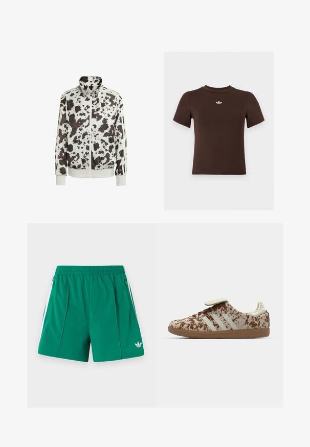 Hvid jakke med sort og brun cow print. Har høj krave, lynlåsfortil og stribede detaljer på ærmerne. Glat, let materiale.; Brun tætsiddende t-shirt med korte ærmer og et lille hvidt Adidas-logo centreret under halsudskæringen.; Grønne sportsshorts med elastisk taljebånd, hvide sidelommer med lynlås og en lille hvid Adidas-logo på det nederste højre ben.; Sneaker med et beige og brunt spraglet mønster, med tre hvide striber, en velcrostrop og en brun gummisål.