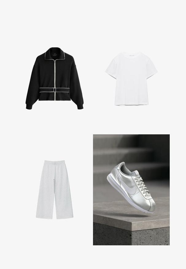 Veste noire à manches longues avec fermeture éclair, détails en biais blancs le long de la fermeture éclair, du col et de la ceinture de taille avec boucle.; T-shirt blanc uni à manches courtes et col rond, avec un ourlet droit, présenté sur un fond blanc.; Pantalons larges gris clair en tissu doux avec une taille élastique. Le design présente une coupe ample pour un confort et une liberté de mouvement.; Baskets Nike argent avec le swoosh et les lacets blancs, flottant au-dessus d'un muret en béton avec des escaliers flous en arrière-plan.