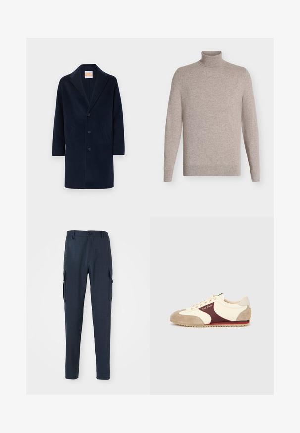 Manteau long en mélange de laine bleu marine avec un col cranté, une fermeture à boutons sur le devant et deux poches latérales. Texture lisse et coupe mi-longue.; Pull beige à col roulé avec manches longues, en tissu tricoté doux, présenté sur un fond blanc uni.; Pantalons cargo navy en tissu texturé, coupe slim, fermeture à bouton à la taille et poches latérales pour plus de fonctionnalité.; Baskets sportives avec une tige en tissu écru, un accent en daim bordeaux, un embout beige et une semelle en caoutchouc texturée avec un motif en zigzag.