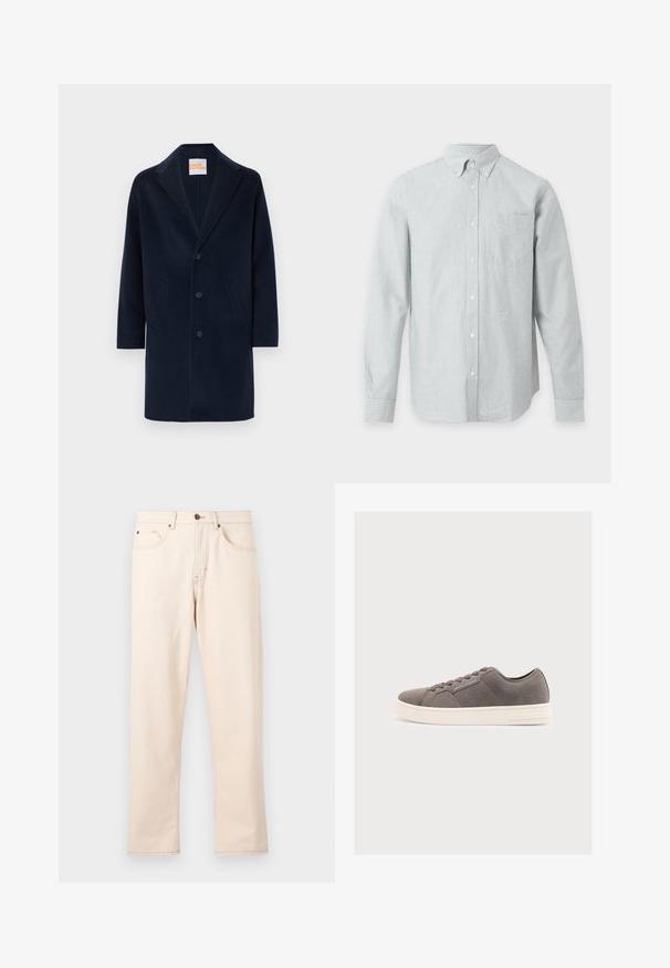 Manteau long en mélange de laine bleu marine avec un col cranté, une fermeture à boutons sur le devant et deux poches latérales. Texture lisse et coupe mi-longue.; Chemise à manches longues boutonnée avec fines rayures verticales grises et blanches et une seule poche poitrine sur fond uni.; Jean beige droit avec cinq poches, fermeture à boutons et surpiqûres contrastantes sur un fond clair uni.; Baskets basses en suède gris avec semelle blanche, design à lacets et marquage subtil Armani Exchange sur le côté et la semelle.