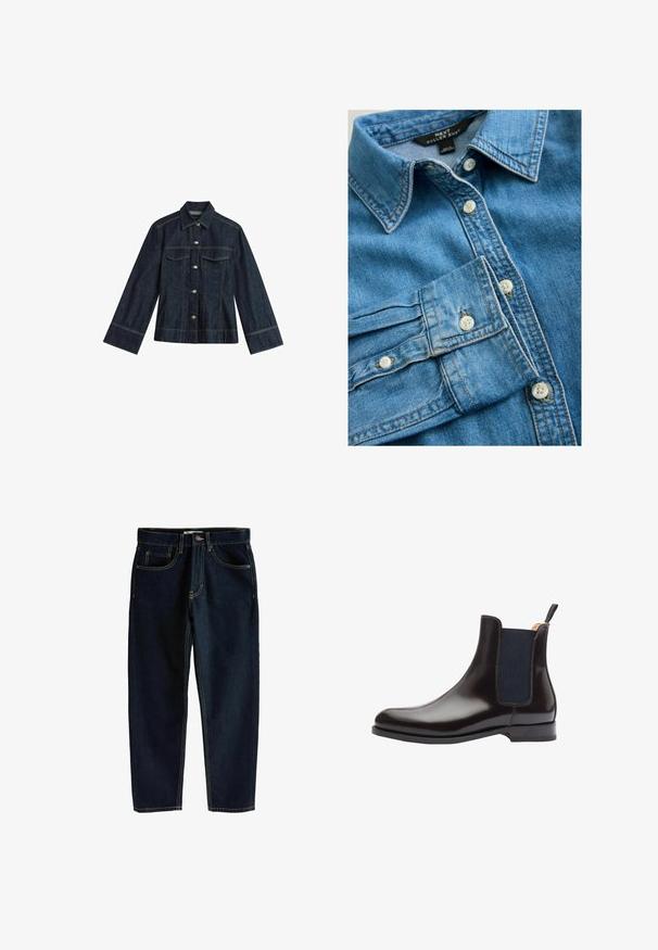 Donkerblauwe denimjas met een puntige kraag, drukknoopsluitingen, twee borstzakken en contrasterende stiksels. Heeft lange, brede mouwen.; Blauwe denimblouse met een puntige kraag, knopen aan de voorkant en knoopmanchetten. Heeft zichtbare stiksels en een gladde textuur.; Donkerblauwe denim jeans met een rechte snit, vijf zakken en contrasterende gouden stiksels. Voorzien van een knoop en een ritssluiting aan de voorkant.; Zwarte leren Chelsea-boot met elastische zijkanten, ronde neus en een trekband. Gladde textuur en platte rubberen zool.