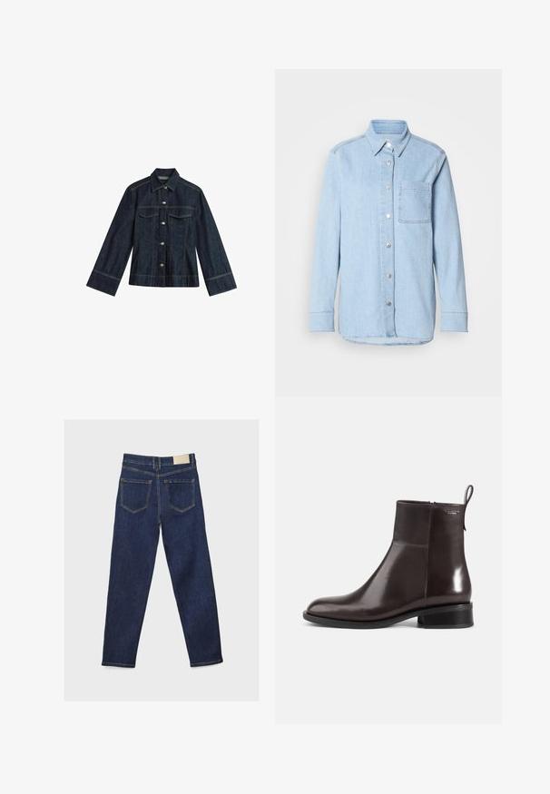 Mørkeblå denimjakke med spidse krave, trykknapper, to brystlommer og kontrastsying. Har lange, brede ærmer.; Lyseblå denimskjorte med knaplukning foran, spids krave, enkelt brystlomme og lange ærmer med knapmanchetter.; Mørkeblå denim jeans med lige ben, der har to baglommer og en enkel taljelabel. Syning i kontrasterende orange.; Mørkebrune læderankelstøvler med lav blokhæl, sidelås og strop i stof bagpå, vist i profil på hvid baggrund.