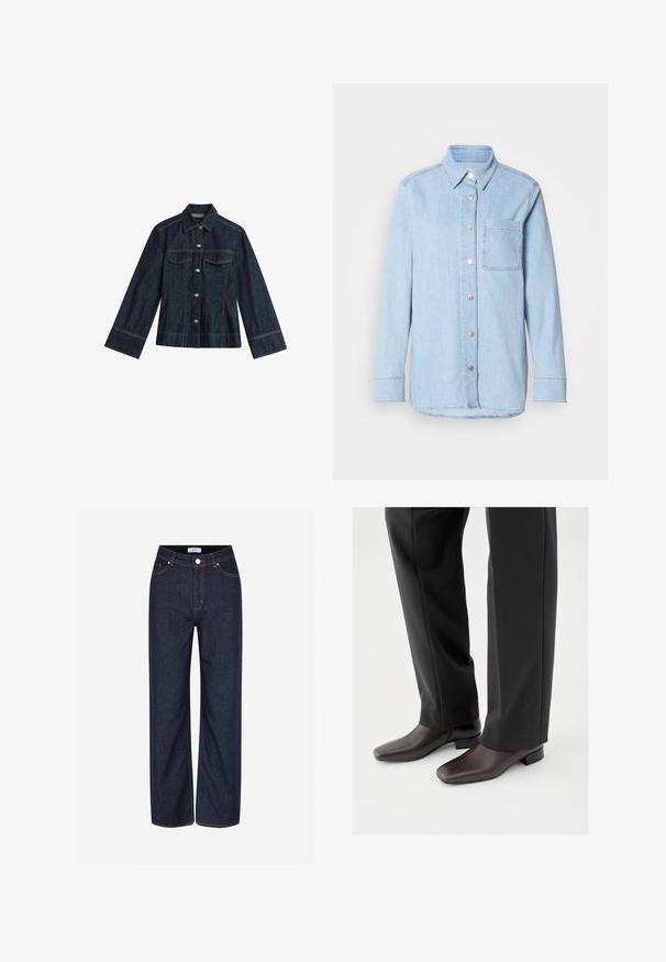 Mørkeblå denimjakke med spidse krave, trykknapper, to brystlommer og kontrastsying. Har lange, brede ærmer.; Lyseblå denimskjorte med knaplukning foran, spids krave, enkelt brystlomme og lange ærmer med knapmanchetter.; Mørkeblå vide jeans lavet af denim, med store lommer, kontrasterende orange stikninger og en knaplukning i taljen.; Mørkebrune lædersko med firkantet tå og kort blokhæl, båret med sorte skræddersyede bukser, der viser et slankt og poleret udseende.