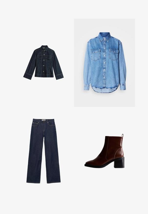 Donkerblauwe denimjas met een puntige kraag, drukknoopsluitingen, twee borstzakken en contrasterende stiksels. Heeft lange, brede mouwen.; Denimshirt met een lichtblauwe kleur, klassieke kraag, knoopsluiting aan de voorkant, twee borstzakken en een afgeronde zoom met stikseldetails.; Donkerblauwe spijkerbroek met brede rechte pijpen, voorzakken en een knoop- en ritssluiting.; Bruin lederen enkellaars met een vierkante neus en zijnaad, een gestapelde hak van 7,5 cm en een lus aan de achterkant voor gemakkelijk aan- en uittrekken.