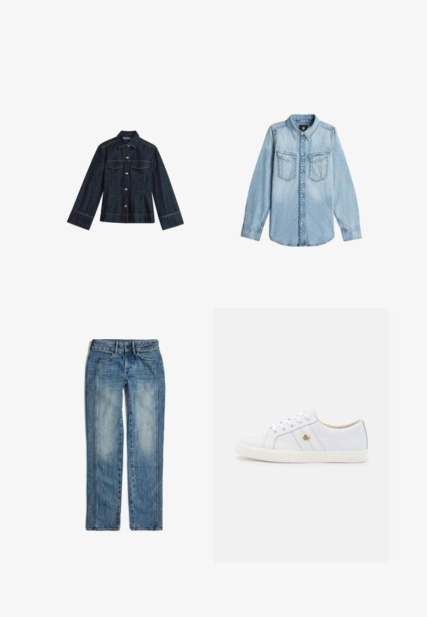 Donkerblauwe denimjas met een puntige kraag, drukknoopsluitingen, twee borstzakken en contrasterende stiksels. Heeft lange, brede mouwen.; Lichtblauwe denim overhemd met lange mouwen, kraag, knoopsluiting aan de voorkant en twee borstzakken met knoopflappen.; Blauwe spijkerbroek met rechte pijpen, knoop en rits aan de voorkant, en twee voorzakken met vervaagde was-details.; Lauren Ralph Lauren JANSON II ACTION LEATHER SNEAKER - Sneakers laag - real white