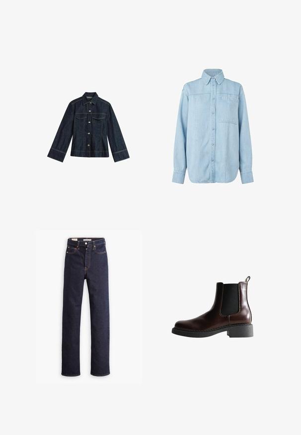 Donkerblauwe denimjas met een puntige kraag, drukknoopsluitingen, twee borstzakken en contrasterende stiksels. Heeft lange, brede mouwen.; Lichtblauwe denim overhemd met lange mouwen, knoopsluiting aan de voorkant, puntige kraag, enkele borstzak en subtiele verticale stiklijn details.; Donkerblauwe straight-leg denim jeans met vijf zakken en zichtbare oranje stiksels op een witte achtergrond.; Bruine leren enkelboot met elastische zijpanelen, ronde neus en een gestructureerde zwarte rubberen zool. Heeft contrasterende stiksels en een lusje aan de achterkant.