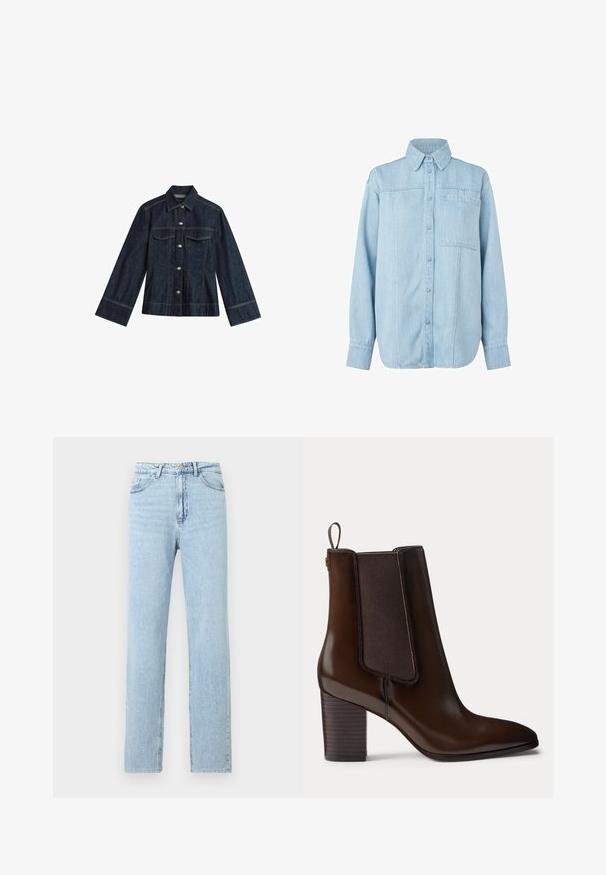 Mørkeblå denimjakke med spidse krave, trykknapper, to brystlommer og kontrastsying. Har lange, brede ærmer.; Lyseblå denimskjorte med lange ærmer, knaplukning foran, spidse krave, enkelt brystlomme og subtile lodrette syninger.; Lyseblå denimjeans med lige ben, forlommer, bæltestropper samt knap- og lynlåslukning.; Mørkebrun læderstøvle med blokhæl og elastisk sidepanel, med en trækflap bagpå for nem påtagning.