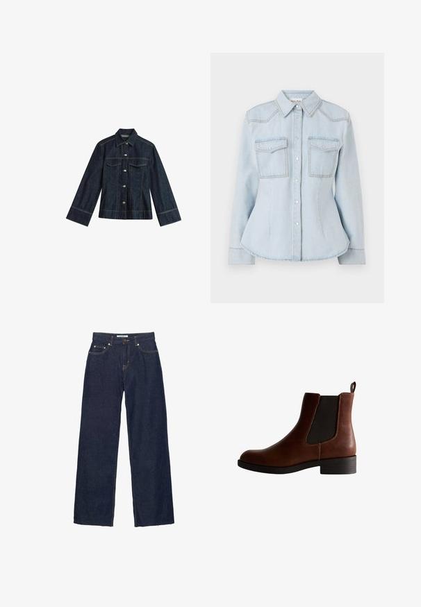 Donkerblauwe denimjas met een puntige kraag, drukknoopsluitingen, twee borstzakken en contrasterende stiksels. Heeft lange, brede mouwen.; Lichtblauw denim shirt met een getailleerd ontwerp, spitse kraag, twee borstzakken en contrasterende stiksels. Voorzien van knoopsluiting en lange mouwen.; Donkerblauwe rechte spijkerbroek met knopen- en ritssluiting, vijf zakken en zichtbare contrasterende stiksels.; Bruine leren enkelboot met elastische zijkanten, ronde neus en een lage blokhak. Kenmerkt zich door contrasterende stiksels en een trekband.