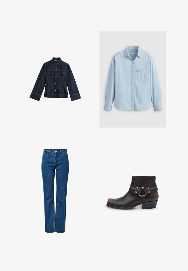 Mørkeblå denimjakke med spidse krave, trykknapper, to brystlommer og kontrastsying. Har lange, brede ærmer.; Lyseblå denimskjorte med spidse kraver, lange ærmer, knaplukning og en brystlomme med et lille logomærke.; Blå jeans med lige ben, fem lommer, knap- og lynlåslukning samt bæltestropper. Jeansene vises opretstående på en ensfarvet hvid baggrund.; Sorte læder ankelstøvler med rund tå, sølvhardware detaljer og en strop med en rund spænde. Design med blokhæl.