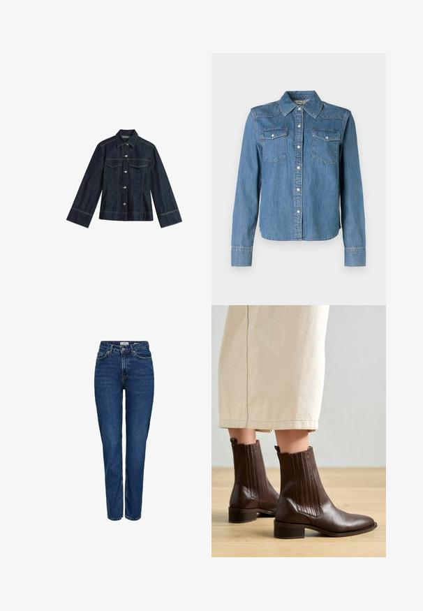 Mørkeblå denimjakke med spidse krave, trykknapper, to brystlommer og kontrastsying. Har lange, brede ærmer.; Denimskjorte med en lys blå nuance, klassisk krave og to brystlommer. Den har trykknapper og lange ærmer med knapmanchetter.; Mørkeblå denimjeans med lige ben, høj talje, fem lommer, lyse syninger og en diskret struktureret finish.; Pavement SHANI - Støvletter - brown
