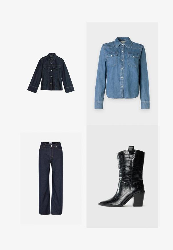 Mørkeblå denimjakke med spidse krave, trykknapper, to brystlommer og kontrastsying. Har lange, brede ærmer.; Denimskjorte med en lys blå nuance, klassisk krave og to brystlommer. Den har trykknapper og lange ærmer med knapmanchetter.; Mørkeblå vide jeans lavet af denim, med store lommer, kontrasterende orange stikninger og en knaplukning i taljen.; Sort westernstøvle til midten af lægen med spids tå, blokhæle og blank lædertekstur med krokodillepræg mod hvid baggrund.