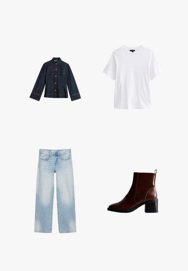 Donkerblauwe denimjas met een puntige kraag, drukknoopsluitingen, twee borstzakken en contrasterende stiksels. Heeft lange, brede mouwen.; Effen wit T-shirt met korte mouwen en ronde hals met een zwart kledinglabel aan de binnenkant van de kraag op een witte achtergrond.; Lichtblauwe wijde jeans met vijf zakken, riemlussen, knoopsluiting en subtiele vervaging op de voorkant van de dijen en knieën.; Bruin lederen enkellaars met een vierkante neus en zijnaad, een gestapelde hak van 7,5 cm en een lus aan de achterkant voor gemakkelijk aan- en uittrekken.