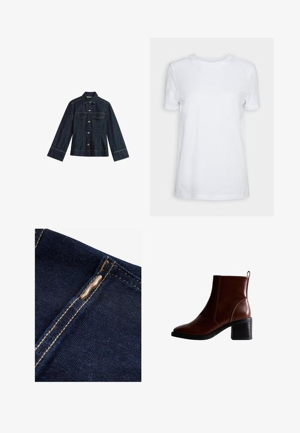 Donkerblauwe denimjas met een puntige kraag, drukknoopsluitingen, twee borstzakken en contrasterende stiksels. Heeft lange, brede mouwen.; Effen wit T-shirt met korte mouwen en ronde hals, normale pasvorm en een klein label aan de binnenkant van de hals met de tekst "SELECTED FEMME."; Next REGULAR FIT - WIDE LEG - Flared Jeans - rinse blue; Bruin lederen enkellaars met een vierkante neus en zijnaad, een gestapelde hak van 7,5 cm en een lus aan de achterkant voor gemakkelijk aan- en uittrekken.
