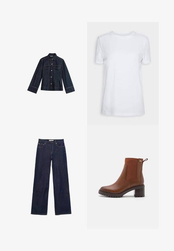 Donkerblauwe denimjas met een puntige kraag, drukknoopsluitingen, twee borstzakken en contrasterende stiksels. Heeft lange, brede mouwen.; Effen wit T-shirt met korte mouwen en ronde hals, normale pasvorm en een klein label aan de binnenkant van de hals met de tekst "SELECTED FEMME."; Donkerblauwe jeans met rechte pijpen, voorzakken, riemlussen, knoopsluiting en zichtbare contrasterende stiksels.; Bruine leren enkelboot met elastische zijkanten, rubberen zool en een gestapelde hak. Heeft een lusje voor gemakkelijk aan- en uittrekken.
