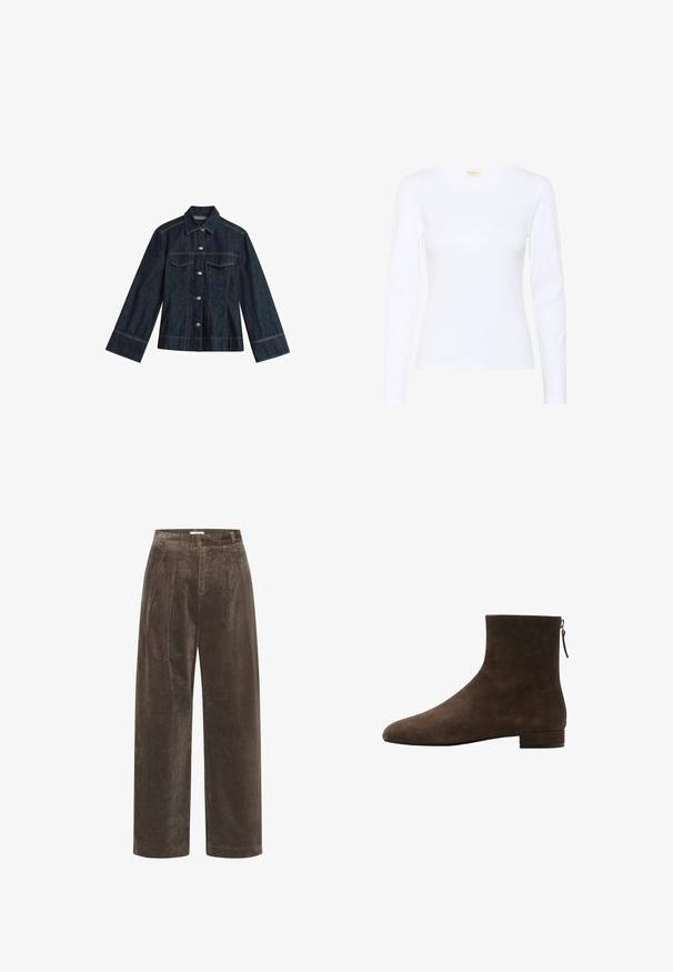 Donkerblauwe denimjas met een puntige kraag, drukknoopsluitingen, twee borstzakken en contrasterende stiksels. Heeft lange, brede mouwen.; Wit shirt met lange mouwen, gemaakt van zachte katoen, met een ronde halslijn en een aansluitend ontwerp. Gladde textuur en minimale stikdetails.; Bruine corduroy wijde broek met plooien, met een zachte textuur en een medium hoge taille. De zoomafwerkingen zijn schoon en recht.; Bruine suède enkellaars met een taps toelopende neus, lage blokhak en een rits aan de achterkant voor gemakkelijke draagbaarheid. Zachte textuur.