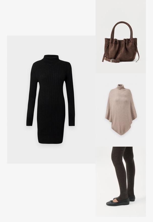 Brun uld poncho med en høj ribbet halsudskæring, der har et løst, flydende design og en spids kant forrest og bagest.; Sort kabelstrik langærmet tørklæde sweaterkjole med ribbede manchetter og kant på en neutral hvid baggrund.; Ben iført mørke ribbede leggings kombineret med sorte balletsko med små sløjfedetaljer på hvid baggrund.; Brun ruskind håndtaske med sammensyet top, dobbelte håndtag og aftagelig rem med sølvspænde, vist mod en ensfarvet baggrund.
