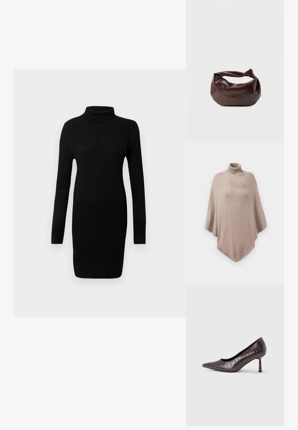 Poncho en laine marron avec un col côtelé haut, présentant un design ample et fluide, et un ourlet pointu à l'avant et à l'arrière.; Robe pull noire en maille torsadée à col roulé à manches longues avec des poignets et un ourlet côtelés sur fond blanc.; Escarpins à bout pointu en similicuir marron avec une texture crocodile, dotés d’un talon fin et angulaire ainsi que d’une doublure intérieure lisse.; Sac bandoulière en cuir marron foncé avec une forme souple et décontractée et une anse nouée torsadée sur un fond blanc uni.